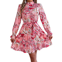 Standing Collar Floral Print Waist-controlled Long Sleeves Ruffled A-line Dresses For Women Spring Autumn Ruffle Edge Long Dress