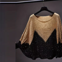 Women's Color-Block Batwing Sleeve Top, Loose Fit Round Neck Knit Sweater For Spring And Fall