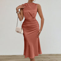 Women's Summer Sleeveless Tank Dress Crew Neck Slim Fit Ruched Bodycon Dress Casual Party Club Dress