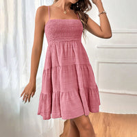 Women's Spaghetti Strap Sleeveless Smocked A-Line Swing Mini Dress, Elegant Casual Summer Dress