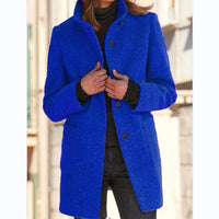 Women’s Woolen Stand Collar Coat – Fall Winter Casual Button Outwear with Pockets
