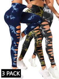 3 PACK Butt Hollow Out Tummy Control Sports Leggings Tie Dye Running Pants -