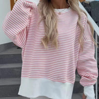 Women's Striped Sweatshirt Size Slit Long Sleeve Shirts For Women Crewneck Hoodies Casual Pullover Top