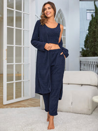 Women's Fuzzy 3 Piece Sweatsuit Open Front Cardigan Crop Tank Tops Wide Legs Pants Lounge Sets