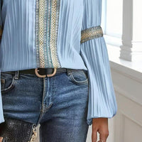 Boho Chic Colorblock Top – Patchwork V-Neck Blouse with Lantern Sleeves