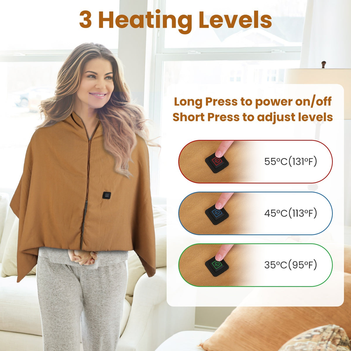 USB Heated Shawl Blanket – Wearable Electric Wrap with 3 Heating Levels & Zipper