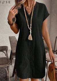 Solid Notched Button Front Batwing Sleeve Shirt Dress