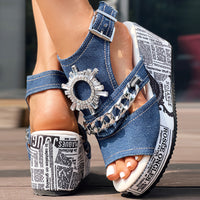 Newspaper Buckle Denim Wedge Slides - Anklet Not Included