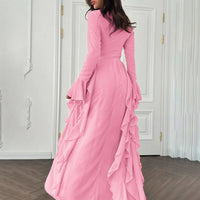 Women's Elegant Ruffles Dress, Slim Fit High Waist Bell Sleeve Wedding Guest Cocktail Tea Party Dresses