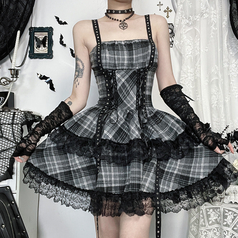 Black Gray Plaid Lace Dress For Women Summer New