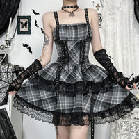 Black Gray Plaid Lace Dress For Women Summer New
