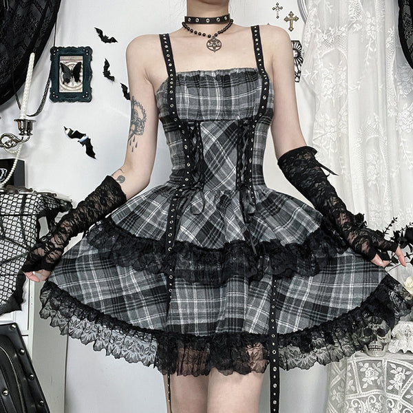 Black Gray Plaid Lace Dress For Women Summer New