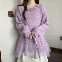 Plus Size Women's Floral Lace Trim Sweater, Long Sleeve Eyelet Knit Top With Decorative Flowers For Autumn And Winter