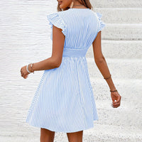 Women's Mini Dress V Neck Flutter Sleeve Striped Smocked Waist A Line Short Summer Dress