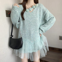 Plus Size Women's Floral Lace Trim Sweater, Long Sleeve Eyelet Knit Top With Decorative Flowers For Autumn And Winter