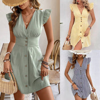Womens Summer Dresses Short Sleeve V Neck Drawstring Casual Flowy Ruffle A-Line Swing Mini Babydoll Tunic Dress