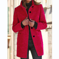 Women’s Woolen Stand Collar Coat – Fall Winter Casual Button Outwear with Pockets