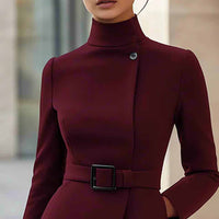 Women's Stand Collar Long Sleeve Dress, Elegant High Waist Belted Midi Dress, Slim Fit Office Formal Dress