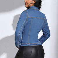 Women's Denim-Look Short Jacket, Solid Color Lapel Pocket Blazer For Spring Fall Casual And Office Wear