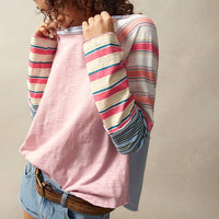 Striped Patchwork Long Sleeve Top – Round Neck Pullover