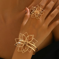 Elegant Geometric Lattice Flower Ring, Double-Layer Smooth Open Adjustable Bracelet With Inlaid Lattice Line Flower Bracelet, Suitable For Everyday, Wedding Party