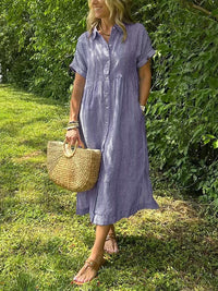 Loose Striped Short Sleeve Casual Cotton And Linen Dress