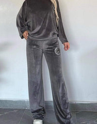 Velvet Solid Color Crew-neck Batwing Sleeve Casual Two-piece Suit Women's Clothing