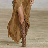 Solid Lapel Belted Maxi Dress – Button Front with Pleated High Slit