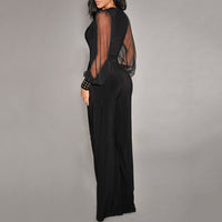 Women's Elegant V Neck Mesh Long Sleeve Loose Wide Leg Romper Party Jumpsuits With Rivet Cuffs