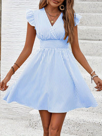 Women's Mini Dress V Neck Flutter Sleeve Striped Smocked Waist A Line Short Summer Dress