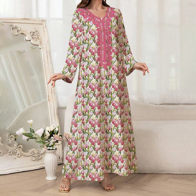 Women's Elegant Pink Floral Print Maxi Dress Vacation Style Long Sleeve A-line Flowy Dress