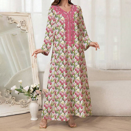 Women's Elegant Pink Floral Print Maxi Dress Vacation Style Long Sleeve A-line Flowy Dress