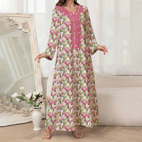 Women's Elegant Pink Floral Print Maxi Dress Vacation Style Long Sleeve A-line Flowy Dress