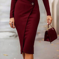 Women's Elegant V-Neck Wrap Dress Long Sleeve Button Front Midi Dress With Hidden Zipper & Slit Hem For Office