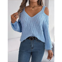 Off-Shoulder Lantern Sleeve Sweater – Solid Color Autumn Winter Knit Top