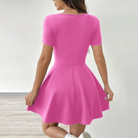 Women's Square Neck Short Sleeve Ruffle Hem A Line Flare Mini Basic Dress