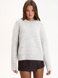 Short-length Gray Pullover Women's Alpaca Round Neck Sweater