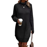 Women's Turtleneck Sweater Dress, Fall Long Sleeve Knit Pullover Mini Dress, Casual Short Sweater Dresses