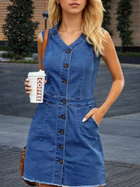2025 Women's Fashion Trend Sleeveless Dress, V-neck Design - Button Detail Frayed Hem Denim Skirt