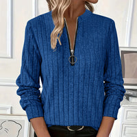 Women's Elegant Half-Zip Knit Sweater Round Neck Long Sleeve Pullover For Solid Color Casual Wear