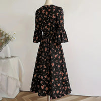 Women's V-Neck Western Floral Print Dress - Spring Summer Ruffled Hem A-Line Dress With Bohemian Style