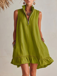 New Stylish Casual Loose Half-Zip Sleeveless Dress With Ruffle Hem