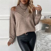 Women's Elegant Off-Shoulder Turtleneck Sweater, Solid Color Long Sleeve Knit Top For Autumn & Winter