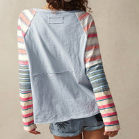 Striped Patchwork Long Sleeve Top – Round Neck Pullover