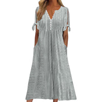 Women's Eyelet V-Neck Maxi Dress Short Sleeve Flowy A-Line Summer Beach Dress