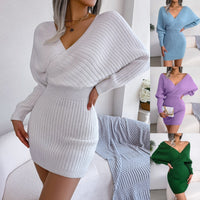 2025 Autumn-Winter Sexy Cross V-neck Bat Skirt With Hip Wrapping, Hairy Dress