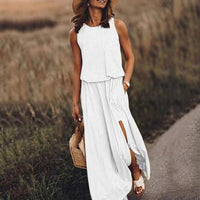 Round Neck Sleeveless Split Solid Color Dress