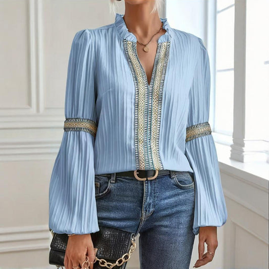 Boho Chic Colorblock Top – Patchwork V-Neck Blouse with Lantern Sleeves