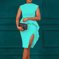 Women's Elegant Ruffle Sleeveless Bodycon Formal Party Cocktail Pencil Midi Dress