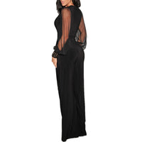 Women's Elegant V Neck Mesh Long Sleeve Loose Wide Leg Romper Party Jumpsuits With Rivet Cuffs